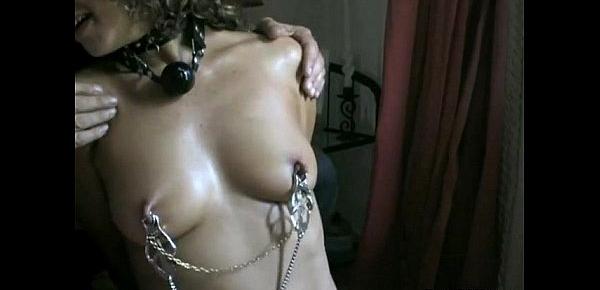  slave from TextBDSM has fish hooks in tits